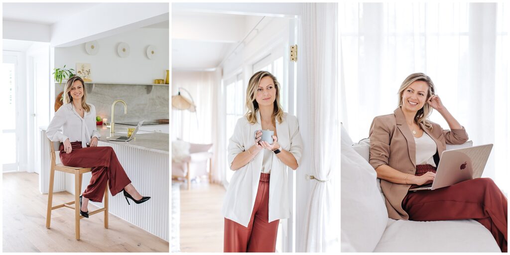 Three personal branding images showcasing a female entrepreneur in a beautifully styled home with a sophisticated feel.